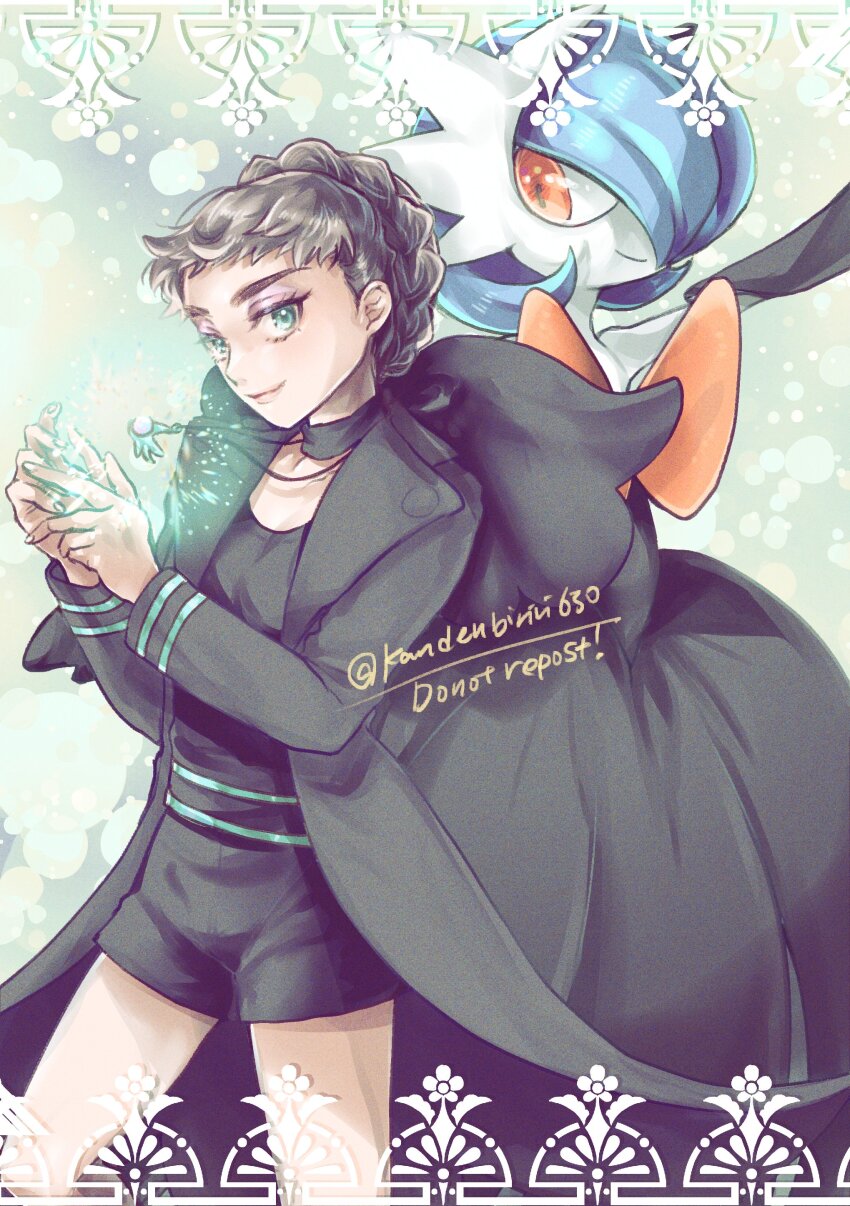 2girls, absurdres, alternate_color, artist_name, black_dress, black_jacket, black_shirt, black_shorts