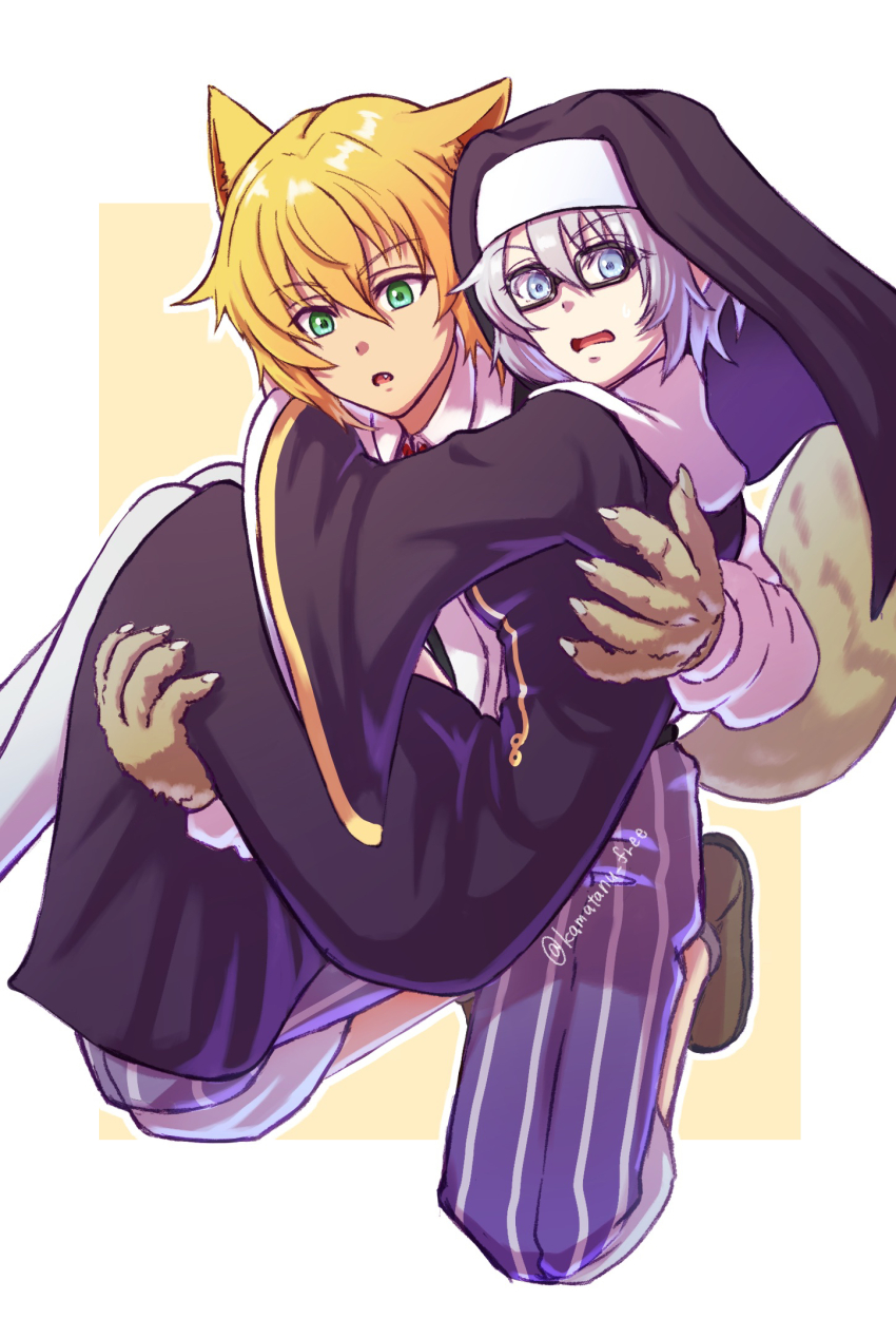 1boy, 1girl, 86_-eightysix-, alternate_costume, animal_ears, black-framed_eyewear, black_dress, black_veil