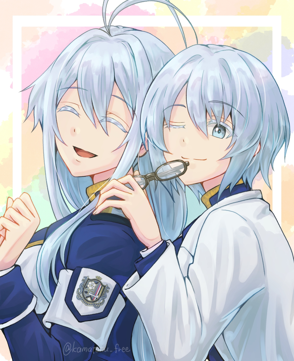 2girls, 86_-eightysix-, ^_^, antenna_hair, armband, blue_eyes, closed_eyes, colored_eyelashes