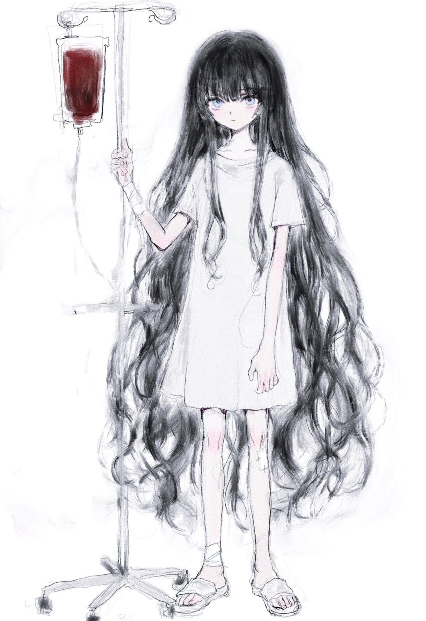 1girl, black_hair, blood, blood_bag, blue_eyes, check_copyright, copyright_request, expressionless