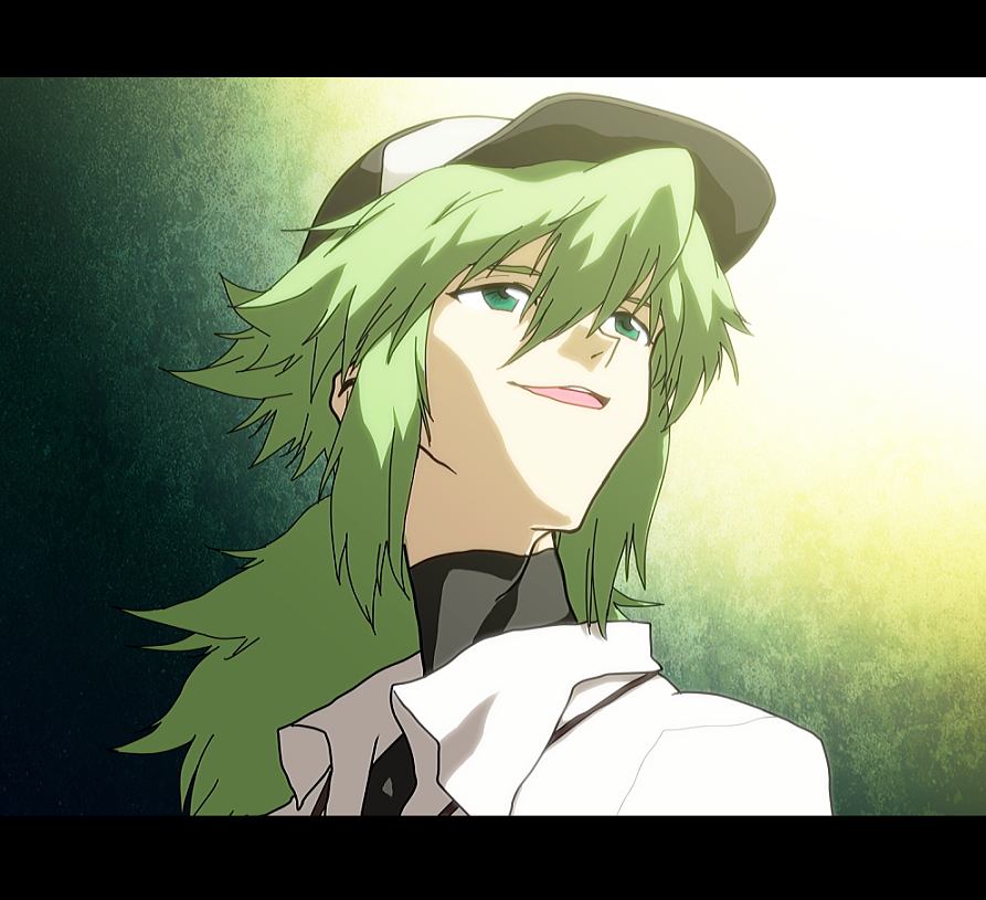 1boy, baseball_cap, green_eyes, green_hair, hat, ikunosake, letterboxed, male_focus, matching_hair/eyes, n_(pokemon), nagisa_kaworu, neon_genesis_evangelion, nintendo, parody, pokemon, pokemon_black_and_white, portrait, solo