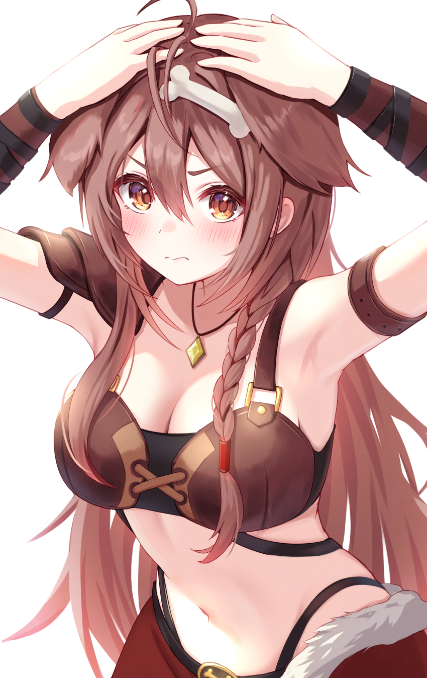 1girl, absurdres, animal_ears, blush, bone_hair_ornament, braid, breasts, brown_eyes, brown_hair, check_commentary, cleavage, commentary, commentary_request, dog_ears, dog_girl, fur-trimmed_skirt, fur_trim, hair_ornament, hair_over_shoulder, highres, hololive, inugami_korone, inugami_korone_(viking), large_breasts, long_hair, looking_at_viewer, official_alternate_costume, red_skirt, single_braid, skirt, solo, togemaru34, viking, virtual_youtuber, white_background