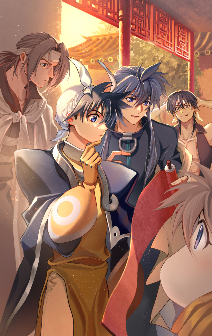 4boys, absurdres, arms_behind_head, black_hair, blue_eyes, blue_hair, cape, cigarette