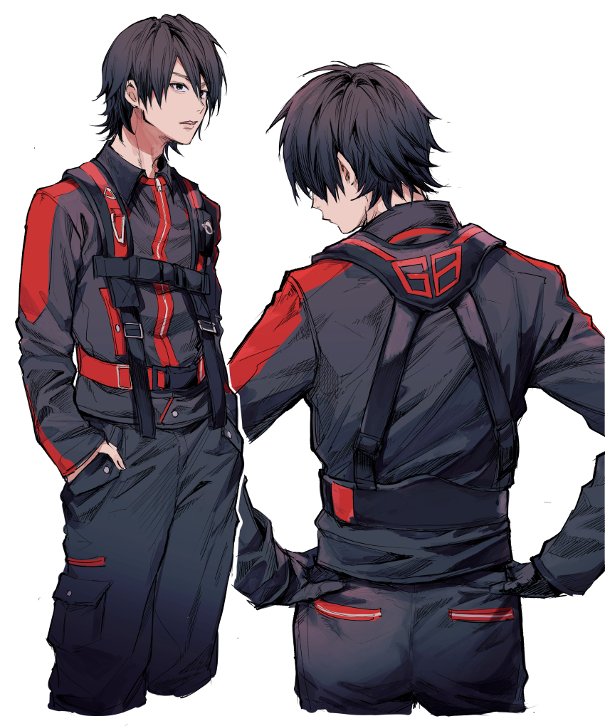 1boy, absurdres, black_gloves, black_hair, black_pants, facing_away, gloves, hands_in_pockets