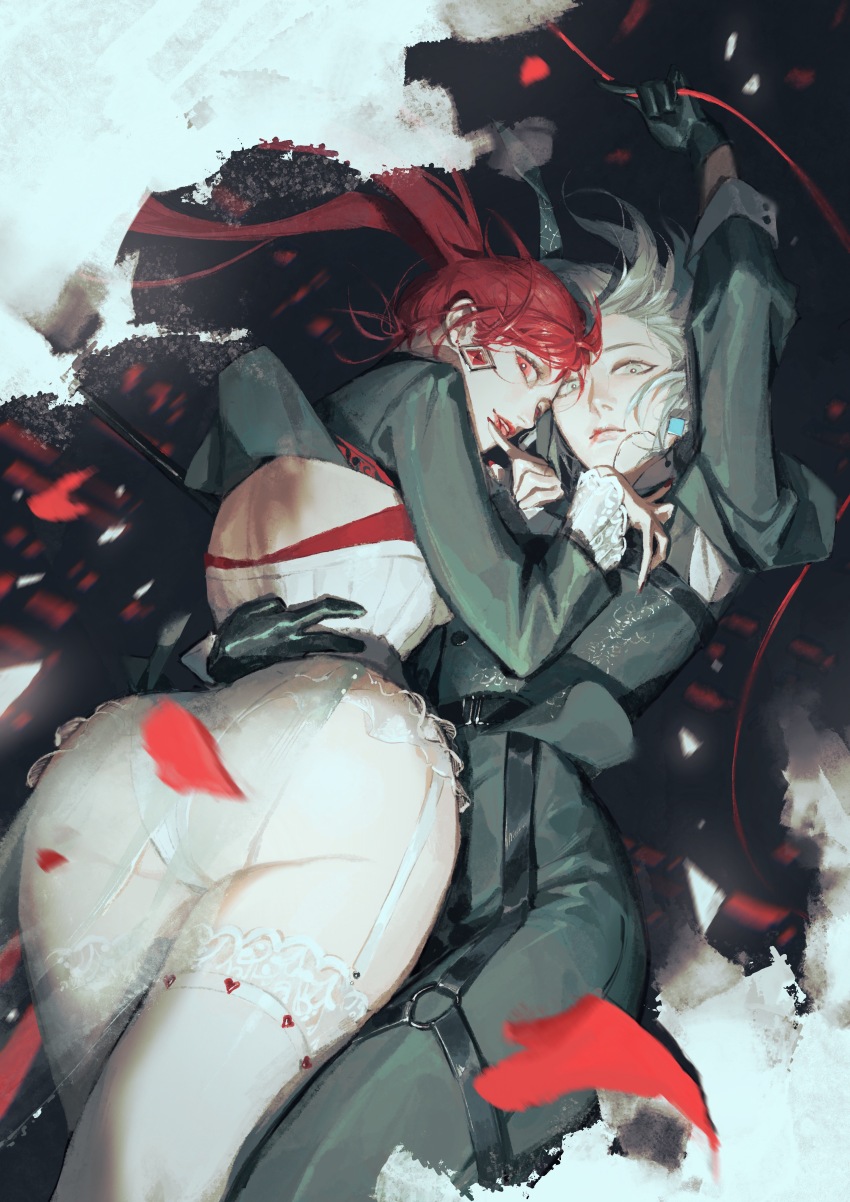 2girls, absurdres, ass, black_gloves, black_jacket, black_pants, ccccl., chinese_commentary