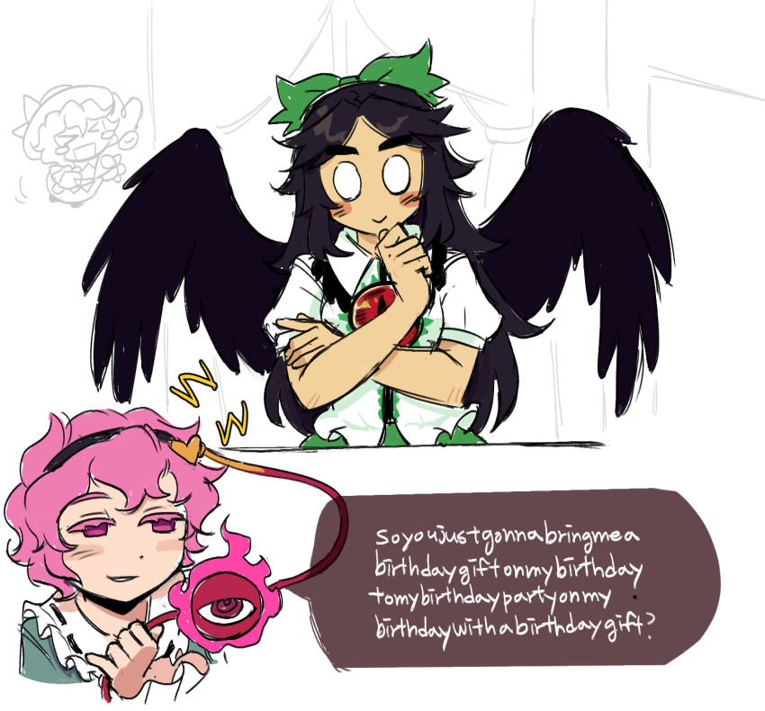 >_<, 3girls, :d, bird_wings, black_hair, black_wings, blue_shirt, chibi, chibi_inset, closed_mouth, collared_shirt, commentary, english_commentary, english_text, fire, frilled_shirt_collar, frills, hand_on_own_chin, help_me_remember_satori-sama!, highres, komeiji_koishi, komeiji_satori, loiter_squad, long_hair, looking_at_viewer, multiple_girls, open_mouth, parody, pink_eyes, pink_fire, pink_hair, reiuji_utsuho, ribbon-trimmed_collar, ribbon_trim, shirt, short_hair, smile, speech_bubble, taco_touhou, third_eye, touhou, upper_body, white_shirt, wings, xd