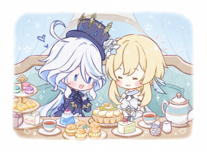 2girls, :d, ^_^, ahoge, asymmetrical_gloves, black_gloves, blonde_hair, blue_eyes, blue_hair, blue_hat, blue_jacket, blush, blush_stickers, border, cake, cake_slice, cape, cherry, chibi, closed_eyes, closed_mouth, commentary_request, couch, cream_puff, creamer_(vessel), cup, curtains, dress, feather_hair_ornament, feathers, flower, food, fruit, furina_(genshin_impact), gelatin, genshin_impact, gloves, hair_between_eyes, hair_flower, hair_intakes, hair_ornament, hands_up, hat, heart, heterochromia, indoors, jacket, jar, long_hair, long_sleeves, lumine_(genshin_impact), macaron, madeleine, mismatched_gloves, multicolored_hair, multiple_girls, notice_lines, on_couch, open_clothes, open_jacket, open_mouth, parted_bangs, pie, pigumon, pillow, saucer, shirt, short_hair_with_long_locks, sidelocks, sitting, sleeve_cuffs, sleeveless, sleeveless_dress, smile, solid_oval_eyes, sparkle, strawberry_shortcake, streaked_hair, sugar_cube, swept_bangs, table, tea, teacup, teapot, tiered_tray, tilted_headwear, top_hat, tray, vambraces, whipped_cream, white_border, white_cape, white_dress, white_flower, white_gloves, white_hair, white_shirt