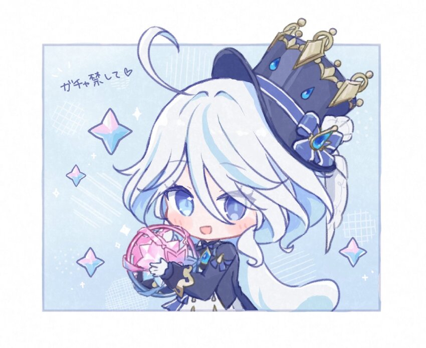 1girl, :d, ahoge, blue_background, blue_bow, blue_eyes, blue_hair, blue_hat