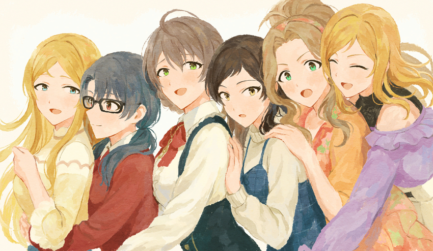 6+girls, ^_^, ahoge, black-framed_eyewear, black_hair, blonde_hair, blush, brown_hair