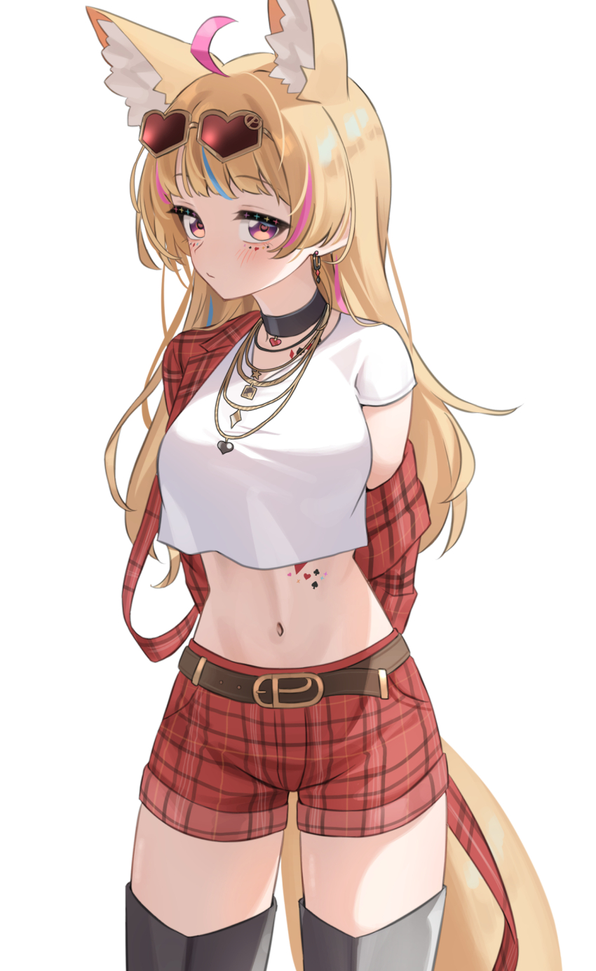 1girl, ahoge, animal_ears, arms_behind_back, belt, black_boots, black_choker, blonde_hair