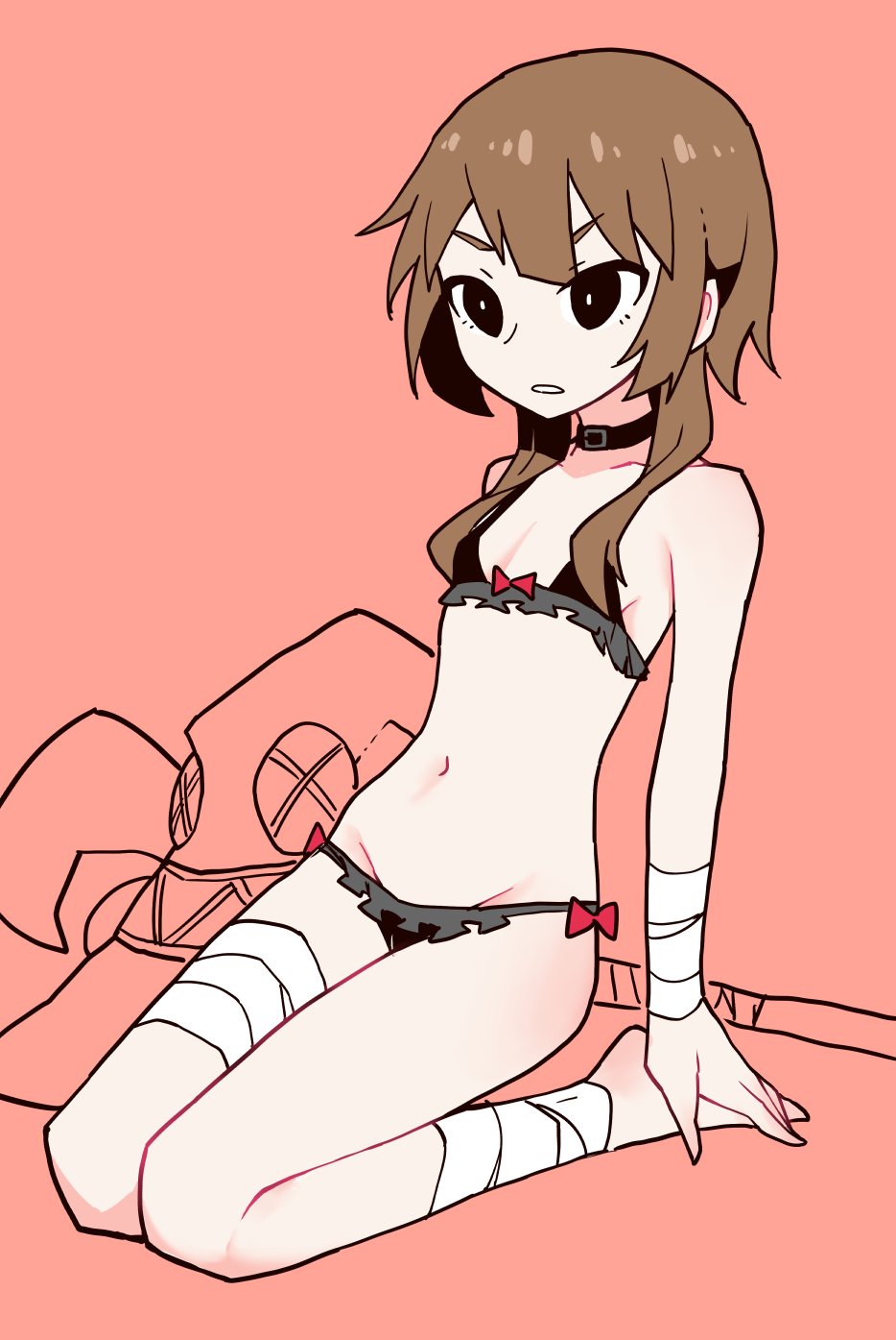 1girl, akableak, bandaged_leg, bandaged_wrist, bandages, barefoot, black_bra, black_choker, black_eyes, black_panties, bow, bow_bra, bow_panties, bra, breasts, bright_pupils, brown_hair, choker, cleavage, commentary, frilled_bra, frilled_panties, frills, full_body, groin, hand_on_own_foot, hat, highres, kneeling, kono_subarashii_sekai_ni_shukufuku_wo!, leaning_back, looking_ahead, lowleg, lowleg_panties, mage_staff, megumin, navel, panties, parted_lips, partially_colored, pink_background, red_bow, romaji_commentary, short_hair, short_hair_with_long_locks, sideboob, sidelocks, small_breasts, solo, staff, underwear, underwear_only, unworn_hat, unworn_headwear, v-shaped_eyebrows, white_pupils, witch_hat