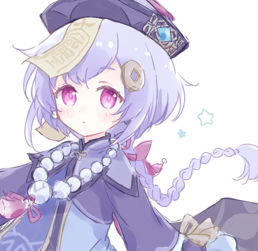 1girl, bead_necklace, beads, blue_dress, blush, braid, cape, capelet