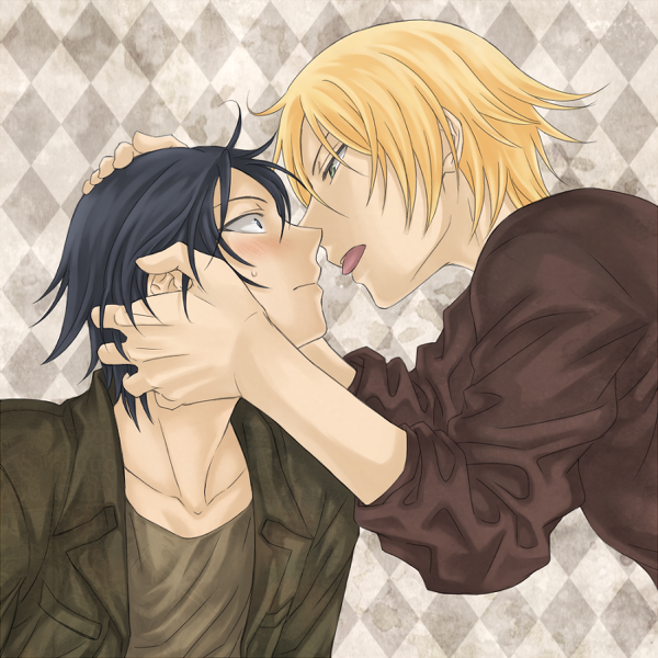 2boys, black_hair, blonde_hair, blue_eyes, blush, brothers, casual, gender_request
