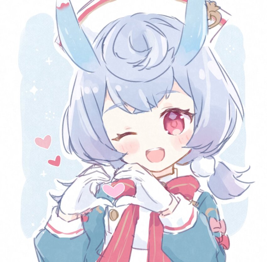 1girl, ;d, animal_ears, aqua_dress, blue_background, blue_hair, blush, border