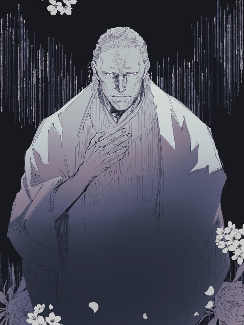 1boy, akane-banashi, arakawa_taizen, facial_hair, flower, forehead, greyscale, hand_up, highres, japanese_clothes, kimono, monochrome, petals, short_hair, solo, souki1203, stubble