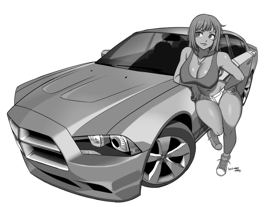 1girl, absurdres, breasts, car, commission, covered_erect_nipples, cropped_shirt, dodge_(company)