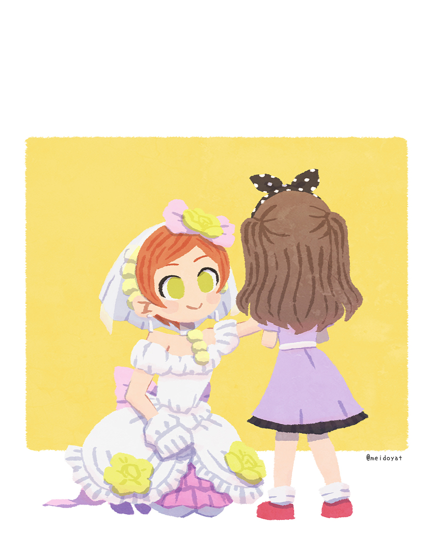 2girls, back_bow, black_bow, black_hairband, border, bow, bow_hairband, brown_hair, closed_mouth, commentary_request, dress, facing_away, flower, frilled_dress, frills, fujishima_megumi, fujishima_megumi_(young), gloves, hairband, highres, hoshizora_rin, in-franchise_crossover, kneeling, link!_like!_love_live!, long_hair, love_live!, love_live!_school_idol_project, love_wing_bell, medium_dress, meidosan, multiple_girls, off-shoulder_dress, off_shoulder, orange_hair, outside_border, polka_dot, polka_dot_bow, polka_dot_hairband, purple_dress, red_footwear, short_hair, smile, two_side_up, white_border, white_dress, white_gloves, yellow_background, yellow_eyes, yellow_flower