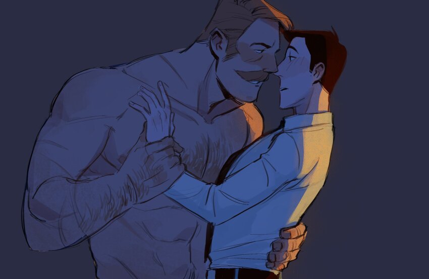 2boys, abs, arm_hair, bara, black_hair, blonde_hair, citrus0lemon, couple