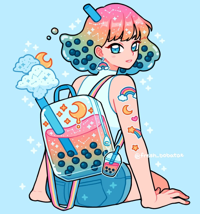 1girl, backpack, bag, bag_charm, blue_background, blue_eyes, blue_shorts, bubble_tea, charm_(object), cloud, constellation, crescent_moon, denim, denim_shorts, drinking_straw, emily_kim, hair_ornament, highres, liquid, liquid_hair, moon, multicolored_hair, original, rainbow, rainbow_earrings, rainbow_gradient, rainbow_hair, shirt, short_hair, shorts, simple_background, sleeveless, sleeveless_turtleneck, sparkle, sticker_on_arm, transparent_bag, turtleneck, twitter_username, white_shirt