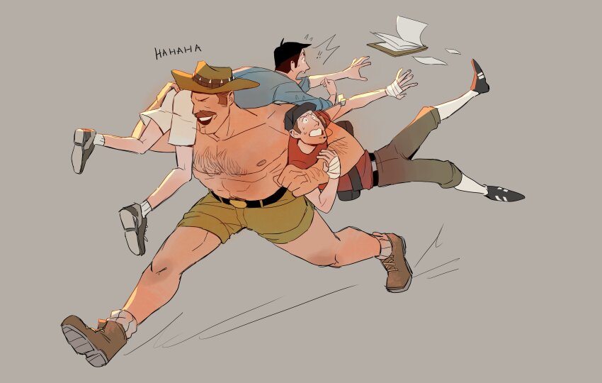 3boys, abs, absurdres, arm_hair, black_hair, blonde_hair, boots, carrying