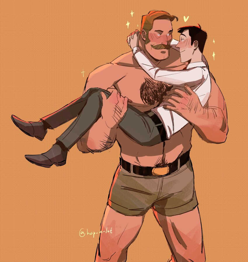 2boys, abs, absurdres, arm_hair, arms_around_neck, bara, black_hair, blonde_hair, blush, carrying, carrying_person, citrus0lemon, couple, cowboy_hat, cowboy_shot, eye_contact, full_body, hat, highres, large_pectorals, long_sideburns, looking_at_another, loving_aura, male_focus, mature_male, mr._bidwell, multiple_boys, muscular, muscular_male, mustache, orange_background, pectorals, princess_carry, saxton_hale, seductive_smile, short_hair, short_shorts, shorts, sideburns, size_difference, smile, team_fortress_2, thick_chest_hair, thick_mustache, topless_male, yaoi