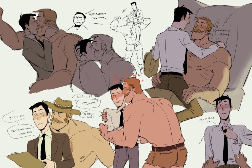 3boys, abs, arm_hair, bara, black_hair, blonde_hair, blush, boy_on_top