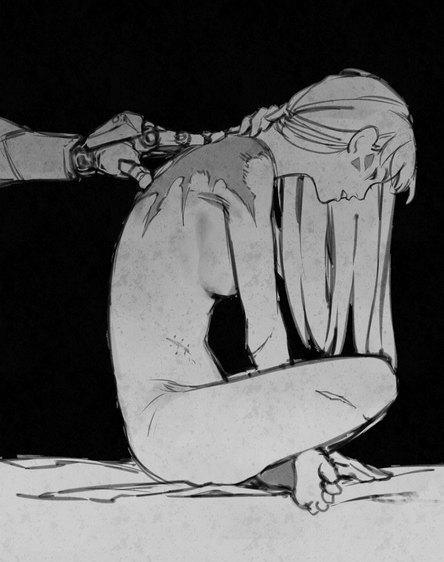 1boy, 1girl, adjusting_hair, black_background, burn_scar, completely_nude, crossed_legs, d.va_(overwatch)