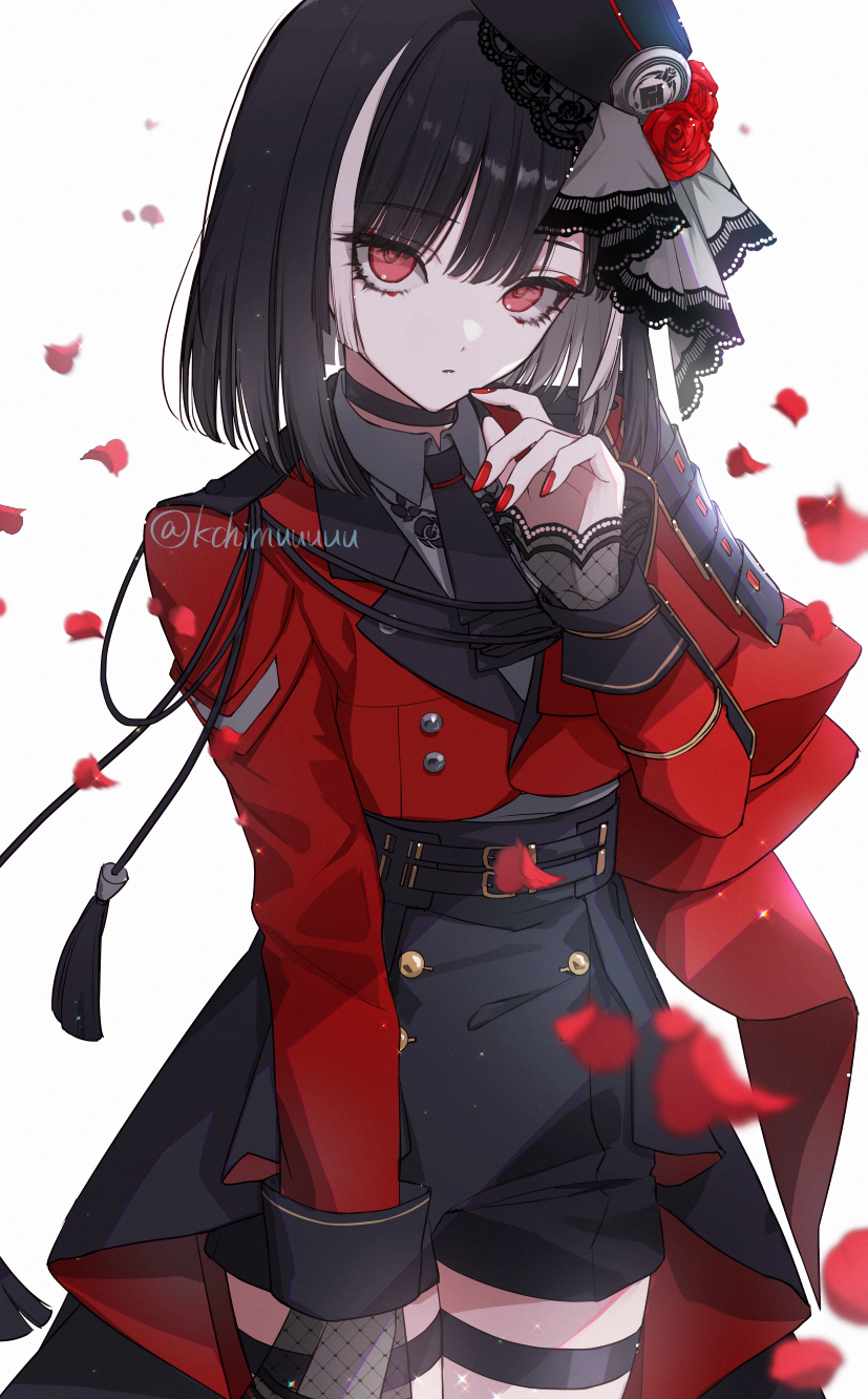 1boy, arm_at_side, armor, artist_name, black_choker, black_hair, black_hat, black_necktie, black_shorts, bob_cut, cape, choker, collared_shirt, commentary_request, cowboy_shot, expressionless, eyelashes, eyeshadow, falling_petals, fingerless_gloves, fishnet_gloves, fishnets, flower, garrison_cap, gloves, grey_shirt, hand_up, hat, hat_flower, high-waist_shorts, highres, jacket, japanese_armor, kyogoku_masamune, long_sleeves, looking_at_viewer, makeup, male_focus, multicolored_hair, nail_polish, necktie, pale_skin, parted_lips, petals, pink_eyes, red_cape, red_eyeshadow, red_flower, red_jacket, red_nails, red_rose, rose, rose_petals, shirt, short_hair, shorts, shoulder_armor, side_cape, simple_background, single_sode, sode, solo, streaked_hair, tassel, thigh_strap, touken_ranbu, trap, twitter_username, white_background, white_hair, wing_collar, yuta_(kchimuuuuu)