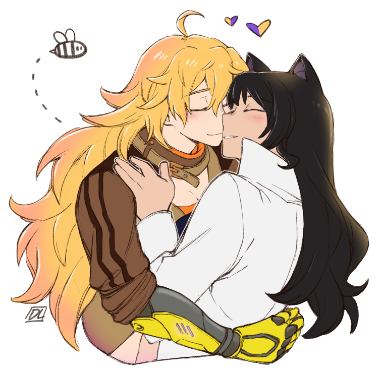 2girls, animal_ears, bee, belt_collar, black_hair, blake_belladonna, blonde_hair, blush, breasts, brown_jacket, bug, cat_ears, closed_eyes, collar, dlanon, ember_celica_(rwby), hand_on_another's_shoulder, heart, hug, insect, jacket, large_breasts, long_hair, multiple_girls, prosthesis, prosthetic_arm, rwby, signature, tailcoat, upper_body, white_background, white_tailcoat, yang_xiao_long, yuri