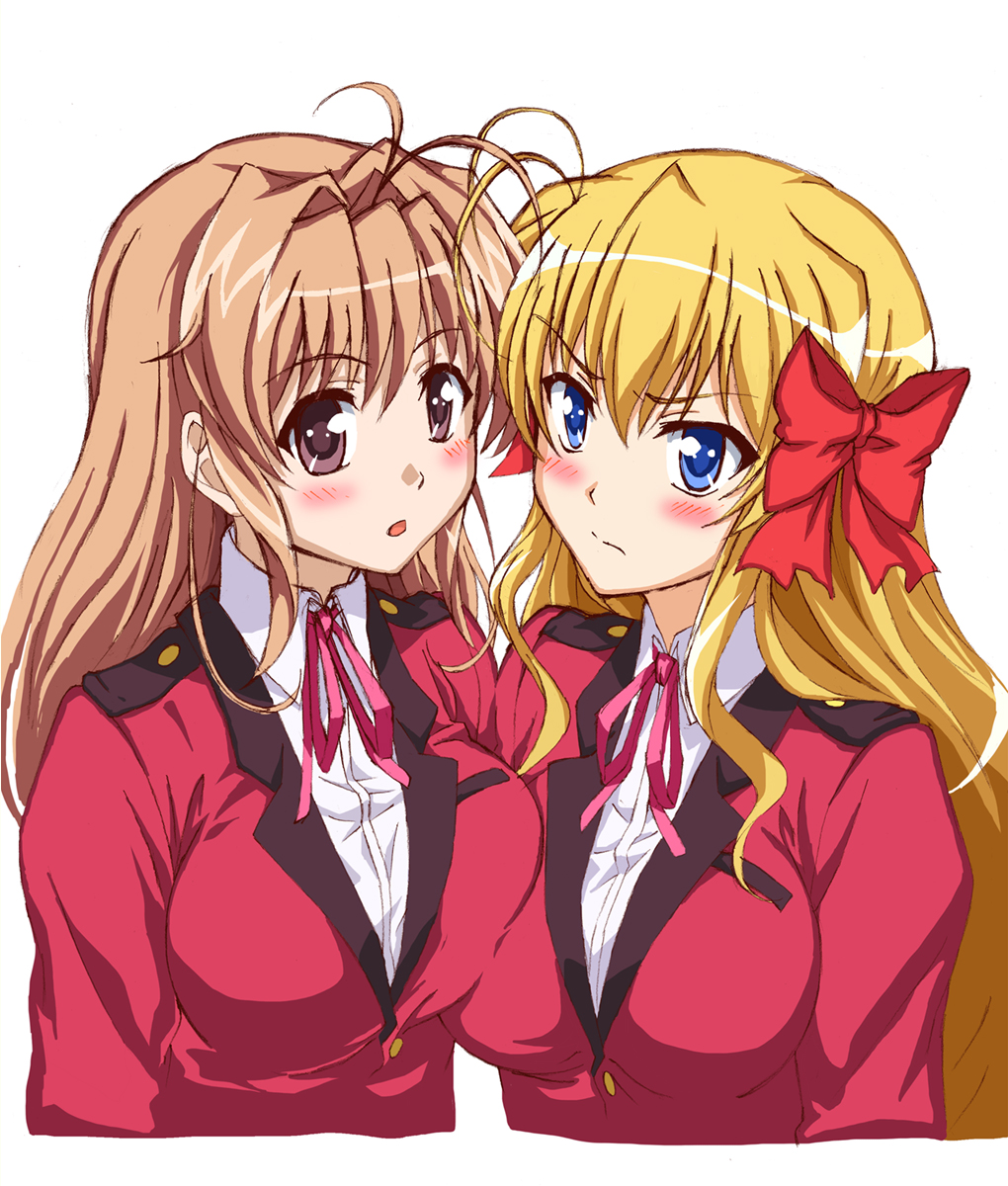 2girls, asymmetrical_docking, bad_id, bad_pixiv_id, blonde_hair, blue_eyes, blush, breast_press