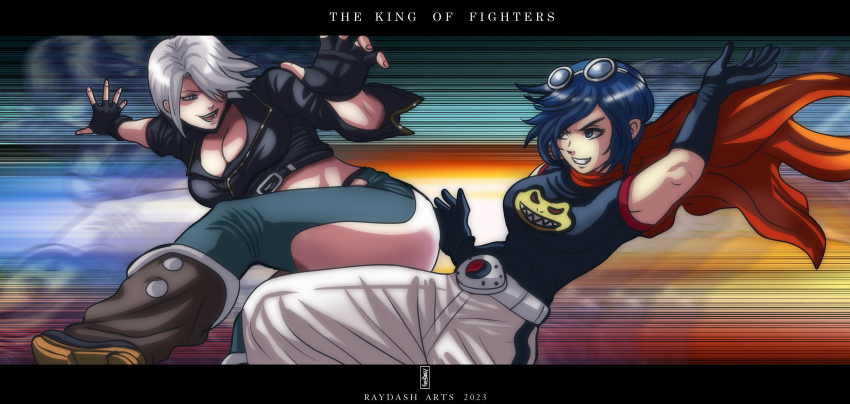 2023, afterimage, angel, angel_(kof), animal_print, artist_name, baggy_pants, blue_hair