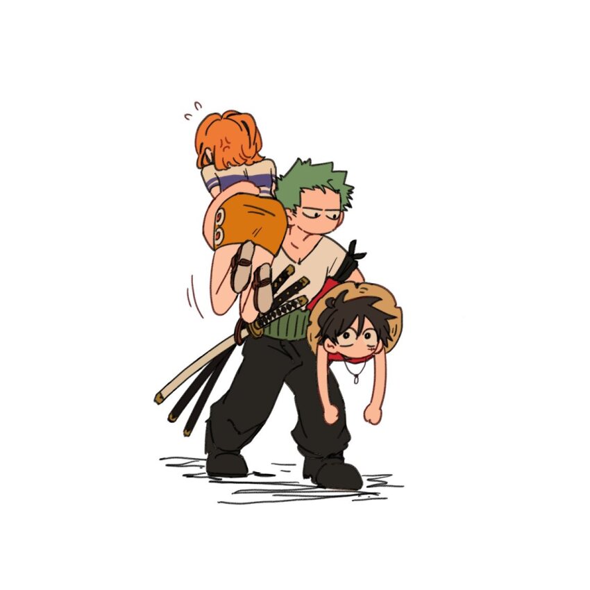 1girl, 2boys, angry, bandana, bandana_around_arm, black_bandana, carrying, carrying_multiple_people, carrying_over_shoulder, carrying_person, carrying_under_arm, facial_scar, feet_out_of_frame, flying_sweatdrops, green_hair, haramaki, hat, monkey_d._luffy, multiple_boys, nami_(one_piece), nami_(one_piece)_(east_blue), one_piece, orange_hair, roronoa_zoro, scar, scar_on_cheek, scar_on_face, shirt, short_hair, sideburns, simple_background, simplebeam, skirt, straw_hat, striped_clothes, striped_shirt, sword, triple_wielding, two-tone_shirt, weapon, white_background, yellow_skirt
