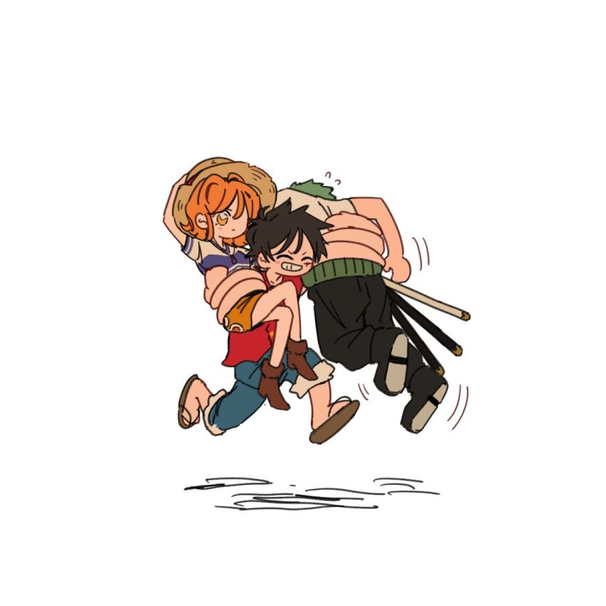1girl, 2boys, carrying, carrying_multiple_people, carrying_person, facial_scar, feet_out_of_frame, flying_sweatdrops, green_hair, haramaki, hat, monkey_d._luffy, multiple_boys, nami_(one_piece), nami_(one_piece)_(east_blue), one_piece, orange_hair, roronoa_zoro, running, scar, scar_on_cheek, scar_on_face, shirt, short_hair, sideburns, simple_background, simplebeam, skirt, smile, straw_hat, striped_clothes, striped_shirt, sword, triple_wielding, two-tone_shirt, v-neck, weapon, white_background, yellow_skirt
