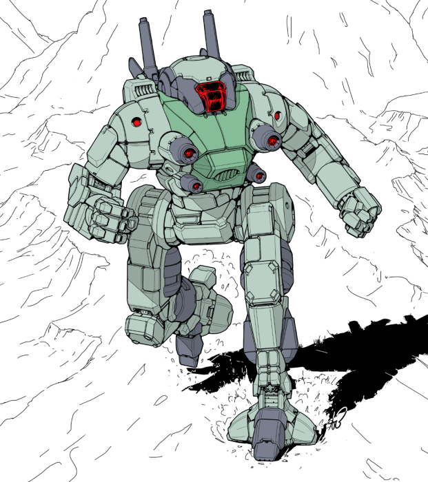 alan_blackwell, alien, battletech, chest_cannon, choujikuu_yousai_macross, clenched_hands, color_variation, commentary, darkton-artemis, energy_cannon, english_commentary, machinery, macross, macross:_do_you_remember_love?, mecha, muzzle, no_humans, original, ostsol_(battletech), recolored, redesign, regult, robot, robotech, shadow, third-party_edit, walker_(robot), zentradi