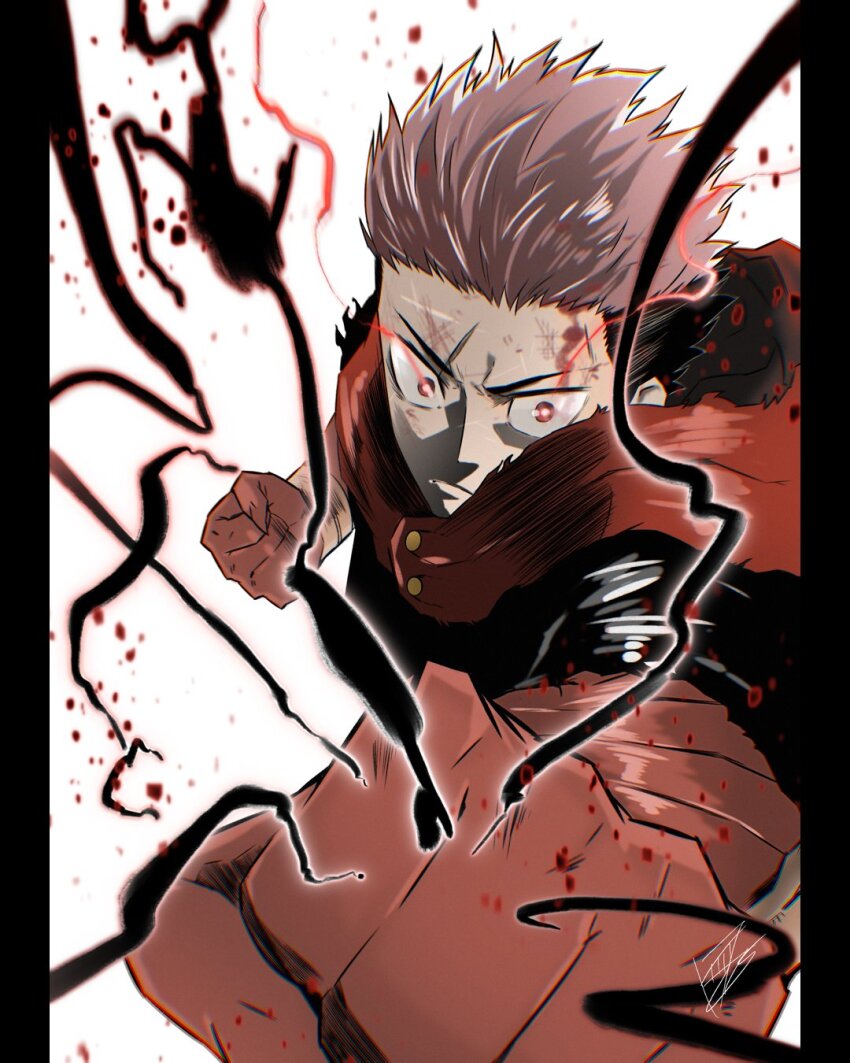 1boy, angry, black_lightning, clawed_gauntlets, gauntlets, glowing, glowing_eyes, highres, hood, hoodie, incoming_attack, itadori_yuji, jujutsu_kaisen, jujutsu_tech_uniform, kouta_decade, lightning, male_focus, pink_hair, pink_hoodie, punching, scar, scar_on_face, solo, white_background