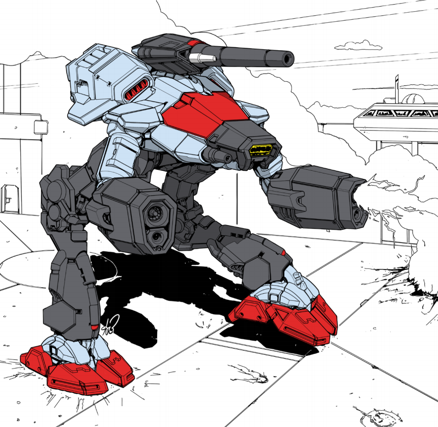 alan_blackwell, alien, arm_cannon, battle, battletech, choujikuu_yousai_macross, commentary, control_tower, damaged, darkton-artemis, dual_arm_cannons, energy_cannon, english_commentary, firing, glaug, machinery, macross, marauder_(battletech), mecha, no_humans, recolored, redesign, robot, robotech, science_fiction, shadow, signature, smoke, spacecraft, third-party_edit, tower, walker_(robot), weapon, zentradi