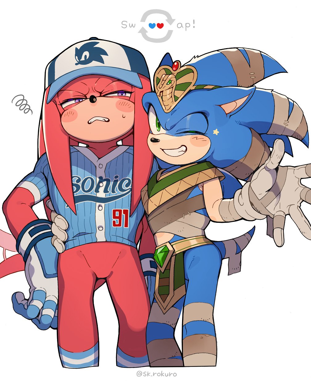2boys, alternate_costume, ancient_egyptian_clothes, artist_name, bandaged_arm, bandaged_head, bandaged_leg, bandages, baseball_cap, baseball_jersey, blue_fur, blue_gloves, blue_hat, blue_shirt, blush, furry, furry_male, gloves, green_eyes, grin, hand_on_own_hip, hat, highres, jersey, knuckles_the_echidna, knuckles_the_echidna_(mummy), multiple_boys, mummy_costume, one_eye_closed, purple_eyes, red_fur, shirt, short_sleeves, simple_background, sk_rokuro, smile, sonic_(series), sonic_the_hedgehog, sonic_the_hedgehog_(slugger), tail, two-tone_gloves, white_background, white_gloves