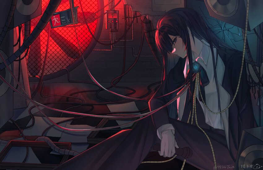 1girl, 7026jaja, ado_(utaite), black_bow, black_bowtie, black_coat, black_hair, black_pants