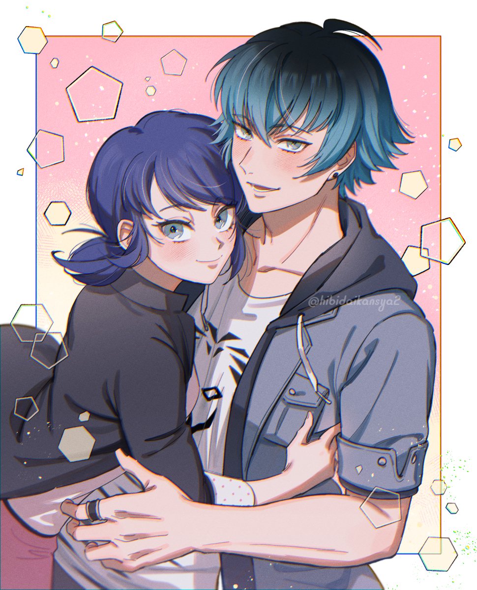 1boy, 1girl, black_jacket, blazer, blue_eyes, blue_hair, blue_hoodie, blush