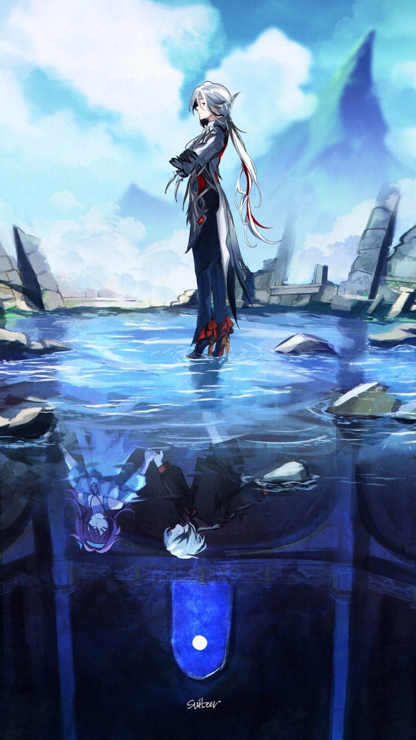 2girls, aged_down, arlecchino_(genshin_impact), bare_shoulders, black_hair, black_hands, clervie_(genshin_impact), cloud, coat, colored_extremities, commentary, cross, cross_necklace, dress, english_commentary, from_side, genshin_impact, headband, high_heels, highres, holding_hands, jewelry, long_hair, looking_to_the_side, moonya, multicolored_hair, multiple_girls, necklace, outdoors, peruere_(genshin_impact), purple_hair, reflection, rock, rubble, ruins, sky, streaked_hair, two-tone_hair, water, white_coat, white_hair