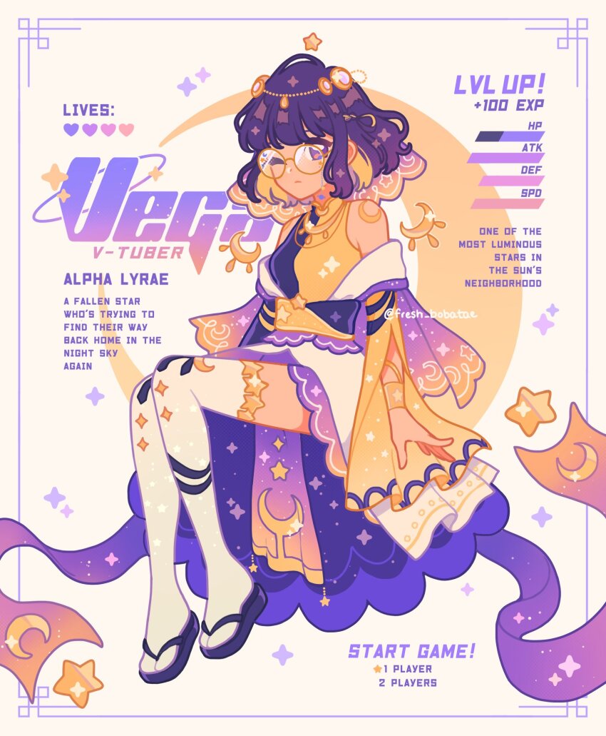 1other, bare_shoulders, blonde_hair, cape, colored_inner_hair, commentary, commission, crescent_moon, dream_e, emily_kim, english_commentary, english_text, gameplay_mechanics, glasses, gold_necklace, gradient_clothes, gradient_ribbon, hair_ornament, highres, jewelry, marking_on_cheek, moon, moon_print, multicolored_hair, necklace, one_eye_closed, purple_cape, purple_eyes, purple_footwear, purple_hair, purple_shirt, purple_sleeves, purple_theme, ribbon, sandals, shirt, shoulder_tattoo, simple_background, sleeve_slit, sparkle, star_(symbol), star_print, stats, tattoo, thighhighs, twitter_username, two-tone_hair, two-tone_shirt, vega_(vtuber), veil, virtual_youtuber, white_thighhighs, yellow_shirt, yellow_sleeves, yellow_theme