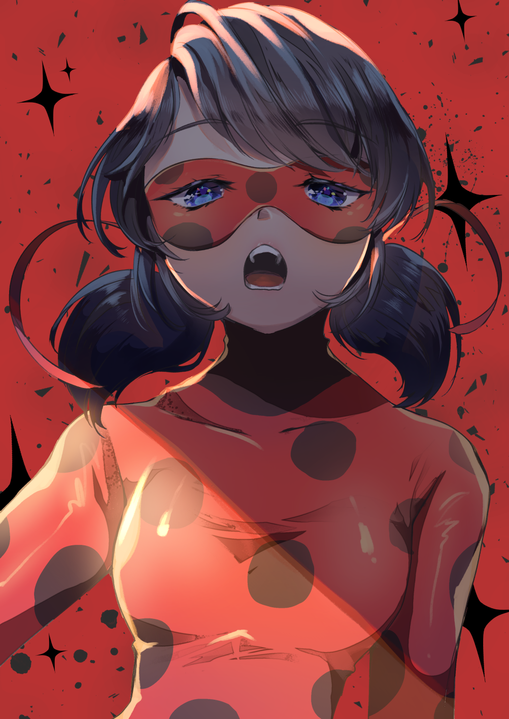 1girl, black_bodysuit, black_hair, black_mask, blue_eyes, bodysuit, eye_mask, highres, ladybug_(miraculous_ladybug), looking_at_viewer, marinette_dupain-cheng, mask, medium_hair, miraculous_ladybug, multicolored_bodysuit, nachoz_(nachozart), open_mouth, polka_dot_bodysuit, red_background, red_bodysuit, red_mask, short_twintails, solo, sparkle, superhero_costume, teeth, twintails, two-tone_bodysuit, upper_body