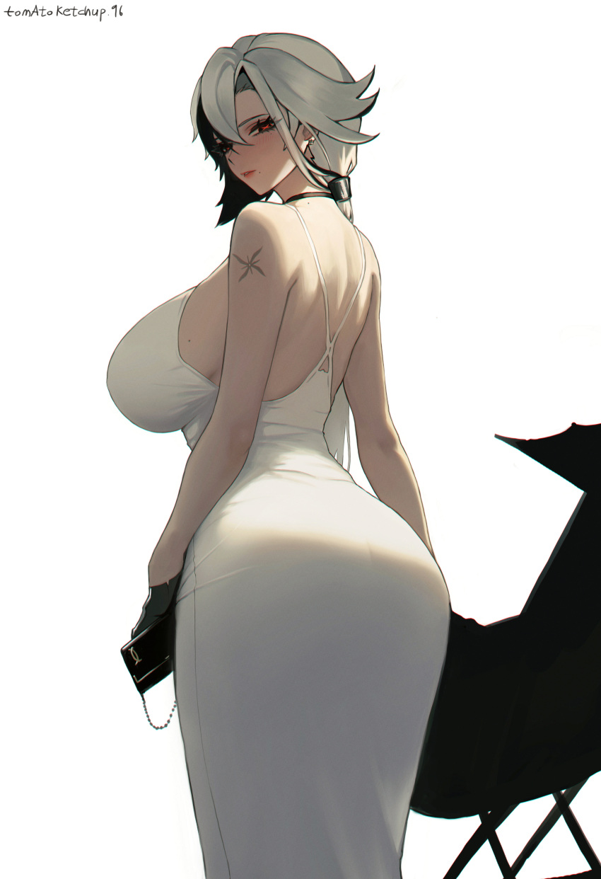 1girl, absurdres, arlecchino_(genshin_impact), ass, bag, black_eyes, black_gloves, black_hair