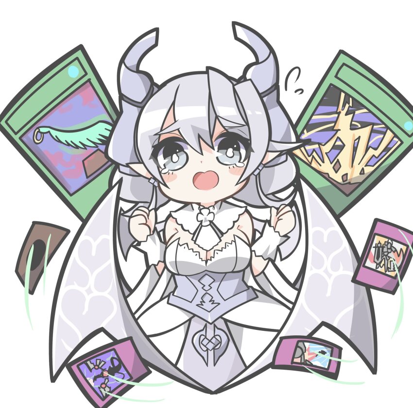 1girl, bare_shoulders, blush_stickers, chibi, clenched_hands, commentary_request, compulsory_evacuation_device, cowboy_shot, demon_girl, demon_horns, demon_wings, detached_collar, dogmatika_punishment, dress, drill_hair, duel_monster, earrings, grey_eyes, grey_hair, harpie's_feather_duster, highres, horns, infinite_impermanence, jewelry, lightning_storm_(yu-gi-oh!), lovely_labrynth_of_the_silver_castle, oquri, pointy_ears, simple_background, solo, strapless, strapless_dress, tears, trading_card, twin_drills, white_background, white_dress, wings, yu-gi-oh!