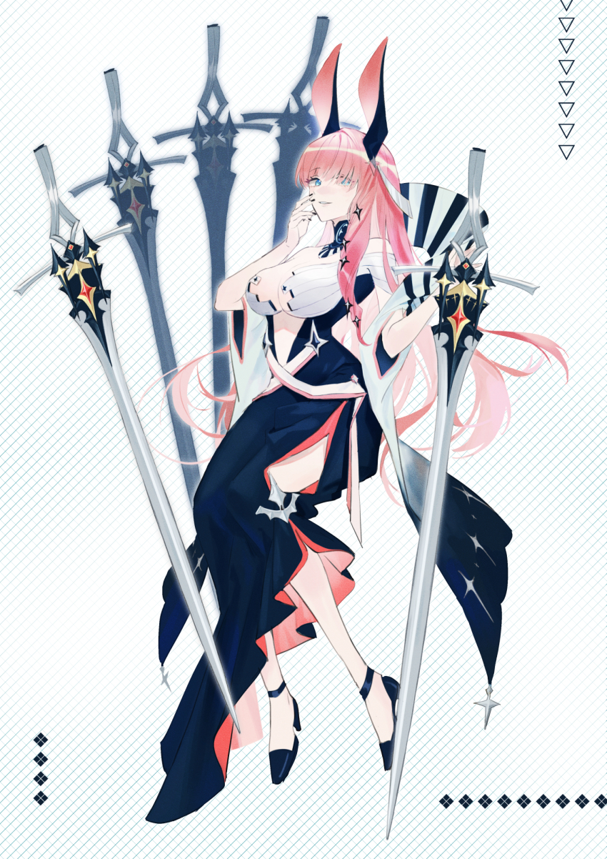 1girl, animal_ears, black_dress, black_footwear, blue_eyes, breasts, brown_dust_(series), brown_dust_2