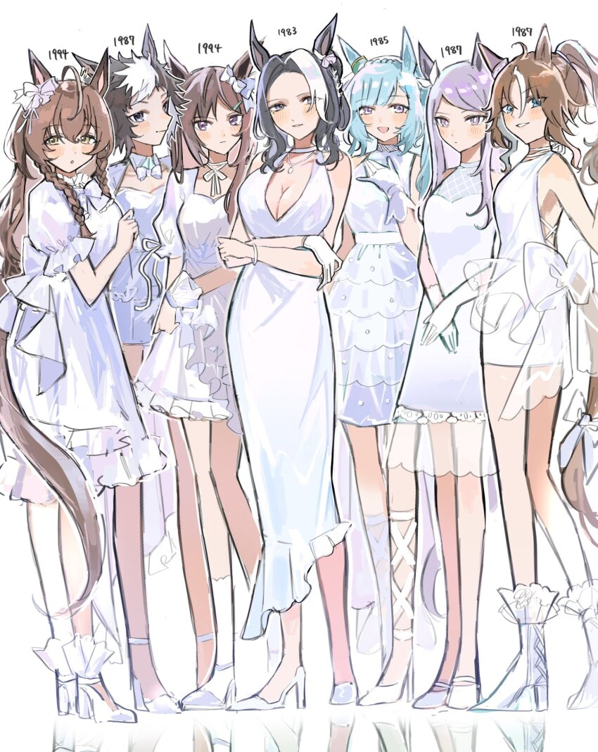 6+girls, ahoge, alternate_costume, animal_ears, black_hair, blue_hair, blush, breasts