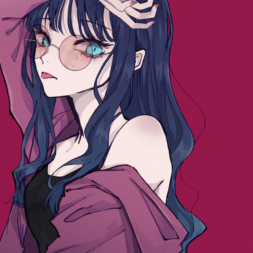 1girl, :p, absurdres, ado_(utaite), aqua_eyes, arm_up, black_tank_top, blue_eyes