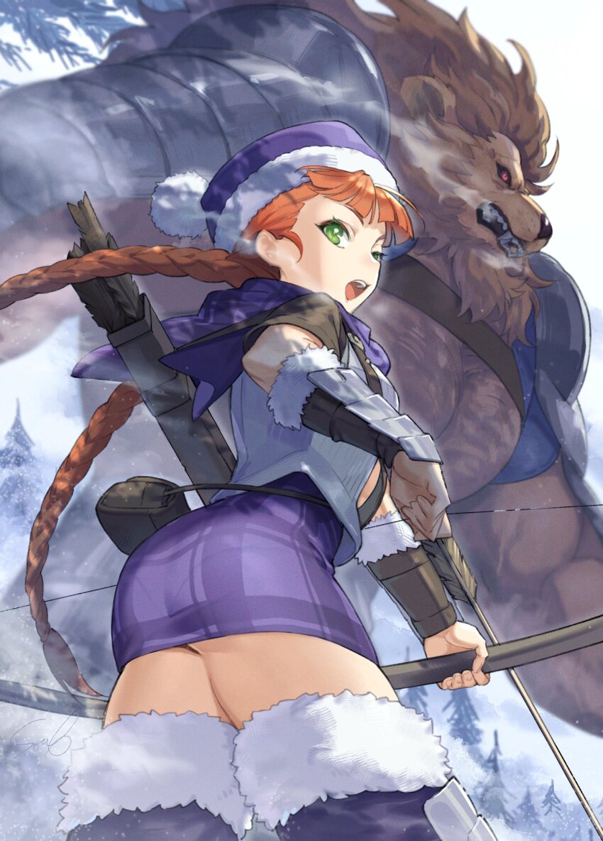 1boy, 1girl, armor, ass_peek, braid, breasts, brown_hair, fur-trimmed_headwear