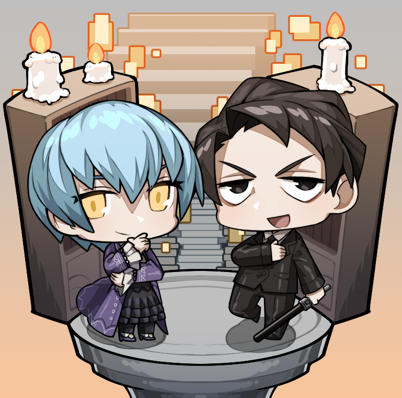 1boy, 1girl, angela_(project_moon), black_eyes, black_footwear, black_hair, black_jacket, black_pants