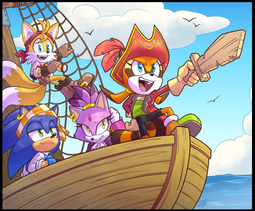 2boys, 2girls, absurdres, aideneye99, alternate_costume, animal_ear_piercing, animal_ears, belt_pouch